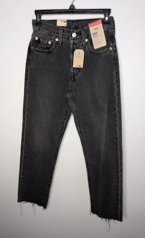 Levis 501 Womens Black Cotton Distressed Cropped Jeans W24 L26 thumbnail 1