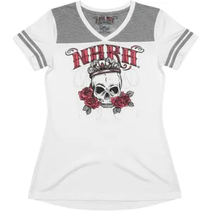 NHRA Racing Womens Graphic Tee L Skull Roses Crown‎ Gray White V Neck DistRICT thumbnail 1