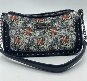 Ed Hardy Shoulder Bag Black Love Kills Slowly Studded Purse Grunge Goth Chains thumbnail 1