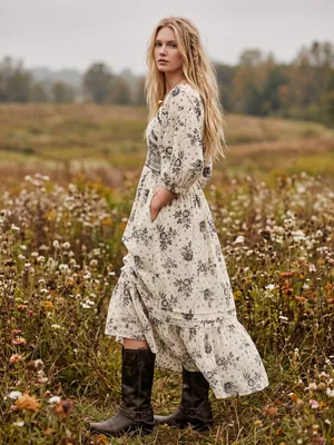 Free People Bohemian Billowy Ethereal Floral Golden Hour Maxi Dress Ivory XL thumbnail 2