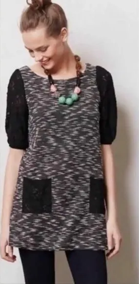 Anthropologie Postmark Black White Textured Tweed Knit Tunic Dress Lace‎ Size S thumbnail 1