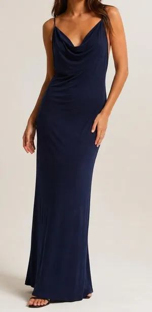 Lucy In The Sky Maxi Dress Womens S‎ Navy Blue Cowl Neck Open Back Draped Formal thumbnail 1