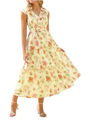 NEW GRACE KARIN Floral Maxi Dress Wedding Guest Tiered Ruffle Flowy L thumbnail 1