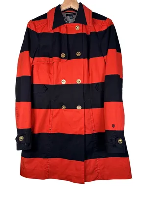 Tommy‎ Hilfiger Red Navy Stripe Double Breasted Trench Coat Jacket Size S P thumbnail 1
