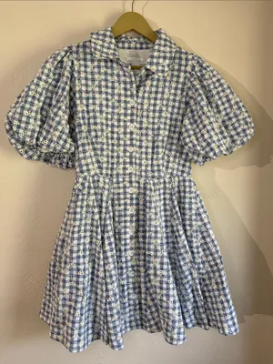 Anthropologie House of Harlow 1960 Blue Gingham Eyelet Puff Sleeve Dress 8 thumbnail 3