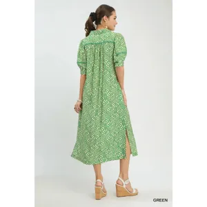 Umgee Printed Puff Sleeve Midi Dress with Pockets‎ - Small thumbnail 3
