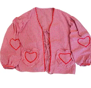 Red Gingham Sweetheart Tie Front Top Jacket Hearts Lightweight S thumbnail 1