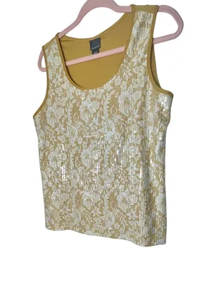 Covington Sequin Lace Tank Top ~‎ Shimmer Sleeveless Blouse Gold ~ Size Large thumbnail 3