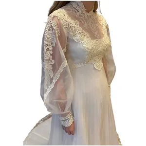 Vintage 1960s Lace Illusion High Neck Bridal Wedding Gown w/ Train XS thumbnail 10