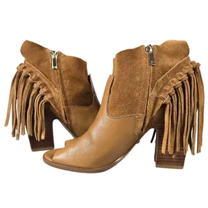 Marc Fisher Tan Leather Suede Fringe Peep Toe Ankle Boots Brown‎ Wood Heel 9 thumbnail 6