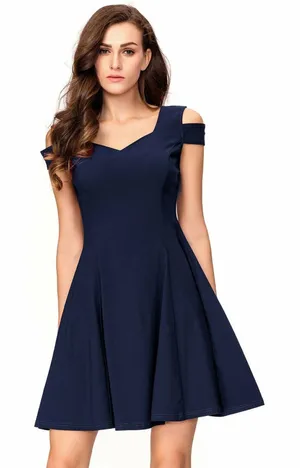 InsNova Womens Dress M‎ Cold Shoulder Navy Blue Cocktail Party Skater Solid NEW thumbnail 1