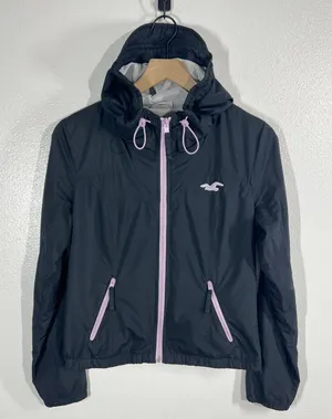 Hollister Hooded Windbreaker Jacket Medium Women Black Lightweight Casual Zip Up thumbnail 1