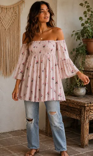 Free People Lana Off Shoulder Pink Berry Floral Smocked Babydoll Boho Top thumbnail 1