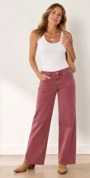 Wild Fable Women Low-Rise Wide Leg Jeans Burgundy Rose 100% Cotton Size 8R NWT thumbnail 1