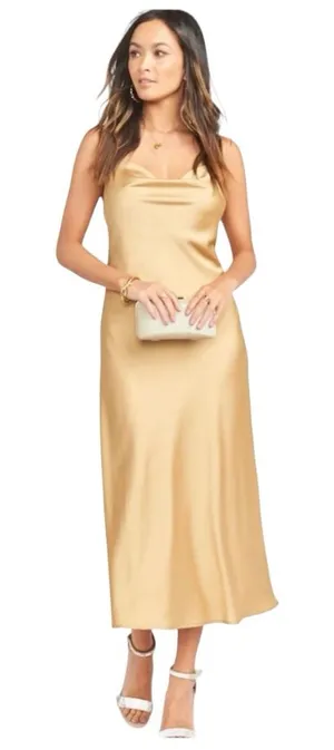 NWT-Show Me Your Mumu Verona Cowl Dress in True Gold Luxe satin, Size Large thumbnail 1