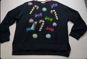 Margaux & Lexi Sweatshirt Women L Black Candy Sequin Christmas Sweater thumbnail 1