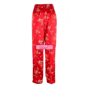 Chinese Oriental Asian Japanese Red Floral High-Rise Waist Shiny Sateen Slacks thumbnail 2