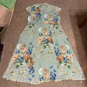 April Cornell Floral Maxi Button Front Short Sleeve Modest Green Dress Large thumbnail 7