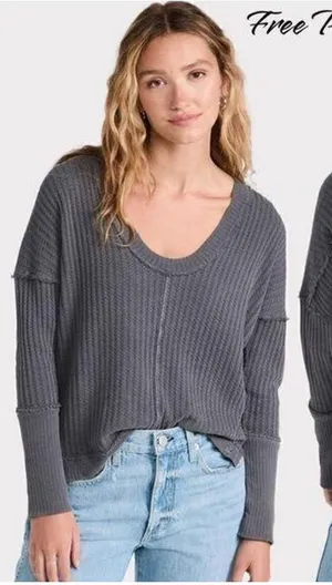 Free People We The Free New Magic Thermal‎ Top Gray XS Waffle Knit Pullover Boho thumbnail 1