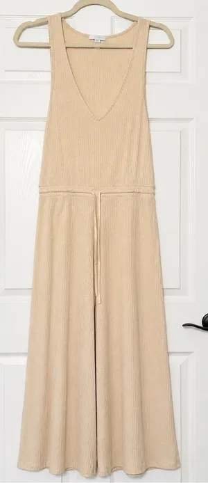 Beyond Yoga Ribbed V-Neck Wide-Leg Jumpsuit in Pale Yellow Cream Small thumbnail 1