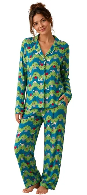 Nite Nite Munki Munki Christmas Tree Pajama Set Playful Cats Xmas XS thumbnail 1