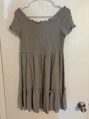 Grey Ruffled Short Sleeve Smocked Bodice Dress thumbnail 2
