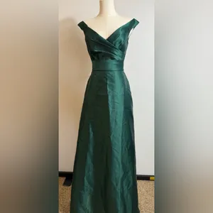 New! Alfred Sung D811S Hunter Green Off Shoulder Draped‎ Wrap Satin Maxi Dress 4 thumbnail 4