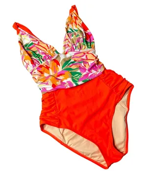 Source Unknown New Womens Swimsuit S/M Floral One Piece Ruched Orange Accents Pool Beach‎ thumbnail 1