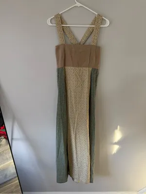 VTG KIND KLOTHING Boho Hippie Patchwork Maxi Dress Floral Straps Beige Green S M thumbnail 2