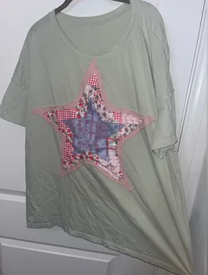 Layered Fabric Star Patchwork MintGreen Oversized T Shirt Y2K Indie Americana XL thumbnail 1