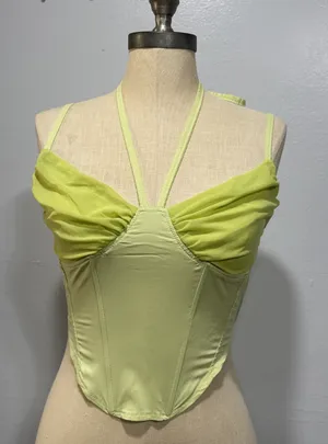 Women’s Cropped Tank Top Size S Boning Rushed Mesh Y2K Green Coquette Feminine thumbnail 1