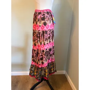 she's cool Whimsigoth retro pink Brown boho Tiered Crinkle Midimaxi Skirt y2k colorful nwt thumbnail 2