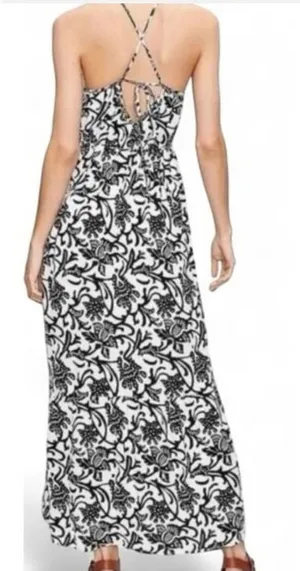 Loft NWT Womens Black White Floral Woodcut Maxi Dress Tie Back 566458 Size Large thumbnail 1