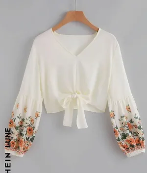 SheIn Floral Chiffon Self Tie Crop Top thumbnail 1