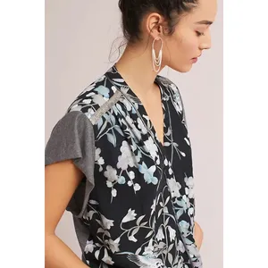TINY by Anthropologie Floral Knit Mixed Media Blouse Top Boho Size Small thumbnail 3