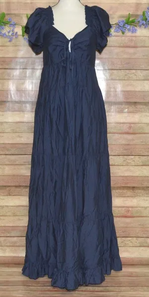 In February Navy Blue Tiered Maxi Dress Size L Milkmaid Puff Sleeve Keyhole Tie thumbnail 1