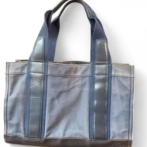 Tory Burch Distressed Navy Canvas Leather Tote Satchel Bag Vintage Look thumbnail 2