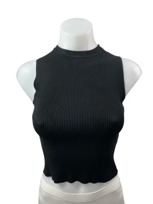 NEW Vogo Women's Black Ribbed Knit Mock Neck Sleeveless Slim Crop Tank Top Sz L thumbnail 1