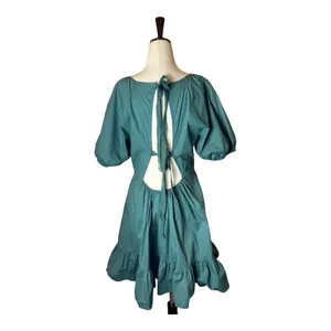 Peter Som Collective Dress Womens 12 Green Puff Sleeve Tie Fit And Flare Mini‎ thumbnail 4