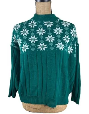 American Vintage Vintage‎ American Pride Mock Neck Christmas Sweater Green Snowflake Size Large thumbnail 1