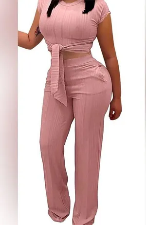 Woman's 2 Piece Outfit Pink Sexy Tie Front Crop Top Wide Leg Pants Set. thumbnail 1
