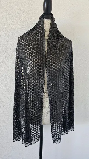 Glam Black Sequin Sheer Mesh Wrap Shawl Scarf – Floral Circle Embellished Formal thumbnail 1