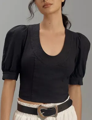 Anthropologie Puff Sleeve Scoop Neck Linen Crop Top‎ Black Size 6 EUC Size Large thumbnail 1