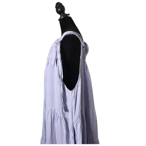 Womens Tiered Tie Should BOHO Pinafore Maxi Dress OS Lavender 100% Linen thumbnail 12