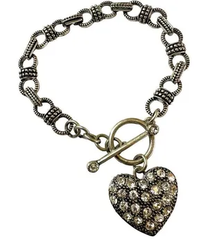 Silver tone bracelet with rhinestone heart charm thumbnail 1