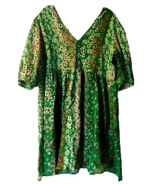 ASOS Wednesday's Girl puff sleeve mini smock dress in green patchwork thumbnail 4