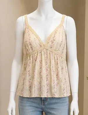 Cider Womens Camisole Floral Lace Trim Cottagecore Beige Medium thumbnail 1