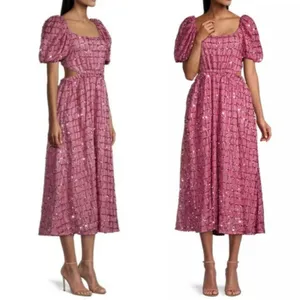 Elliatt Aubree Puff‎ Sleeve Sequin Metallic Midi Dress Size XS thumbnail 3