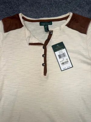 Ralph Lauren Cream Henley Top with Brown Shoulder Accents thumbnail 4