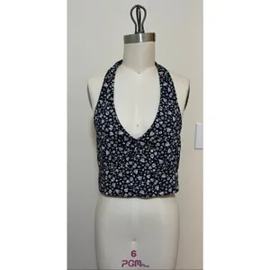 NWT L American Eagle Floral Halter Crop Top Smocked Preppy Coastal Vacation $25 thumbnail 4